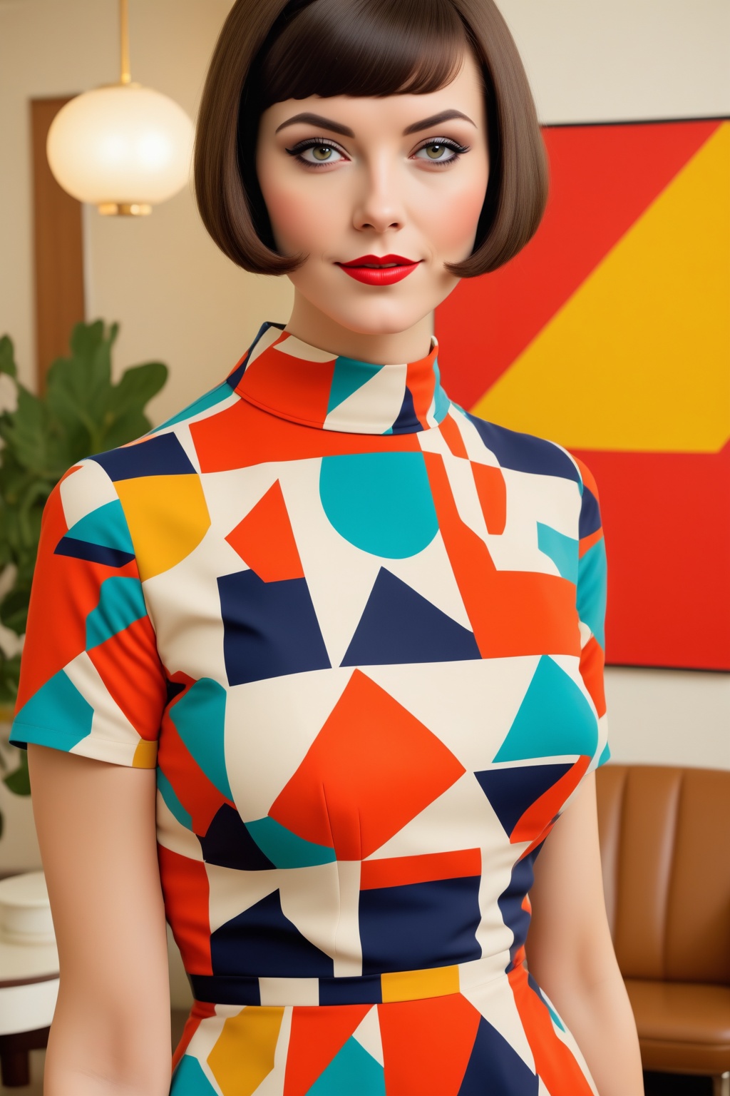 A beautiful woman in a 1960s mod fashion style. She has a sleek,  bob haircut,  bold eyeliner on Tensor.Art