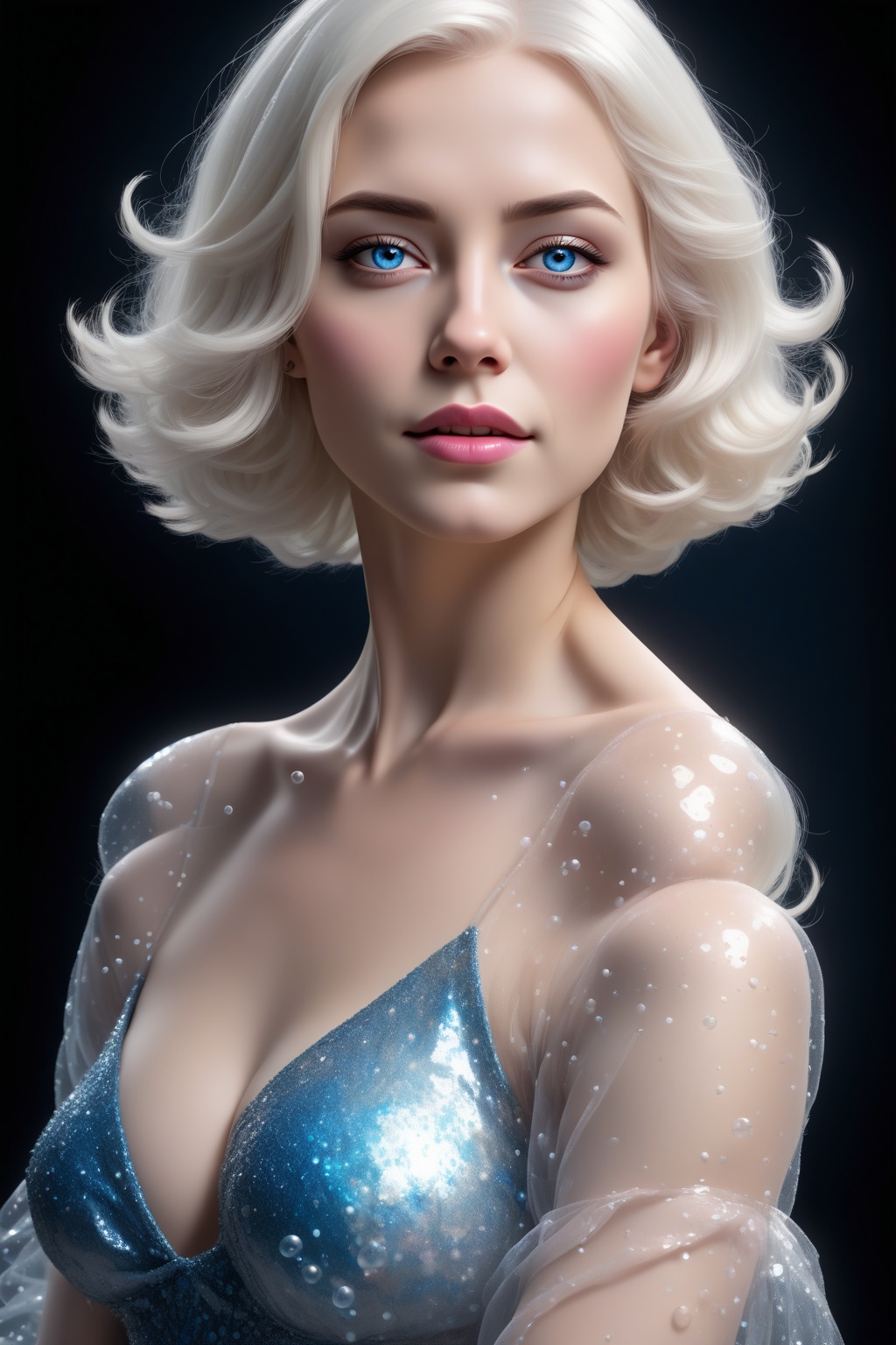 a 3D rendering of a woman with white hair and blue eyes stands in front of a dark backdrop. The woman's body is covered in...