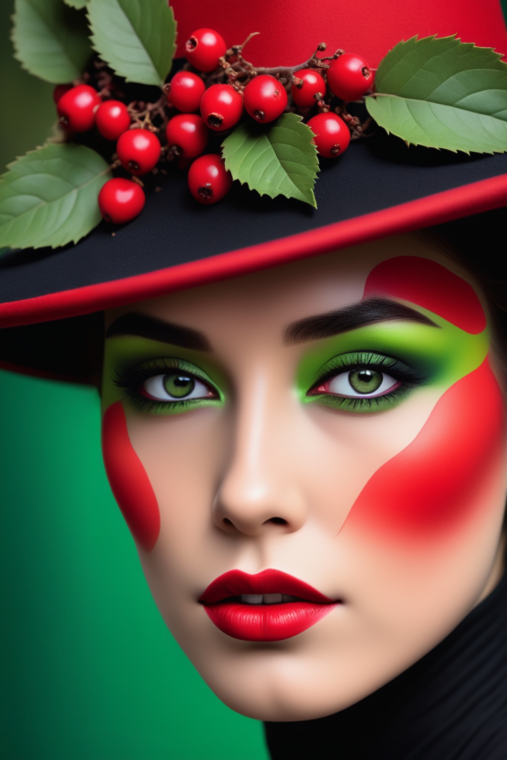 A close-up eye-level shot of a woman's face,  painted in a vibrant red paint,  is adorned with a black hat adorned with be...