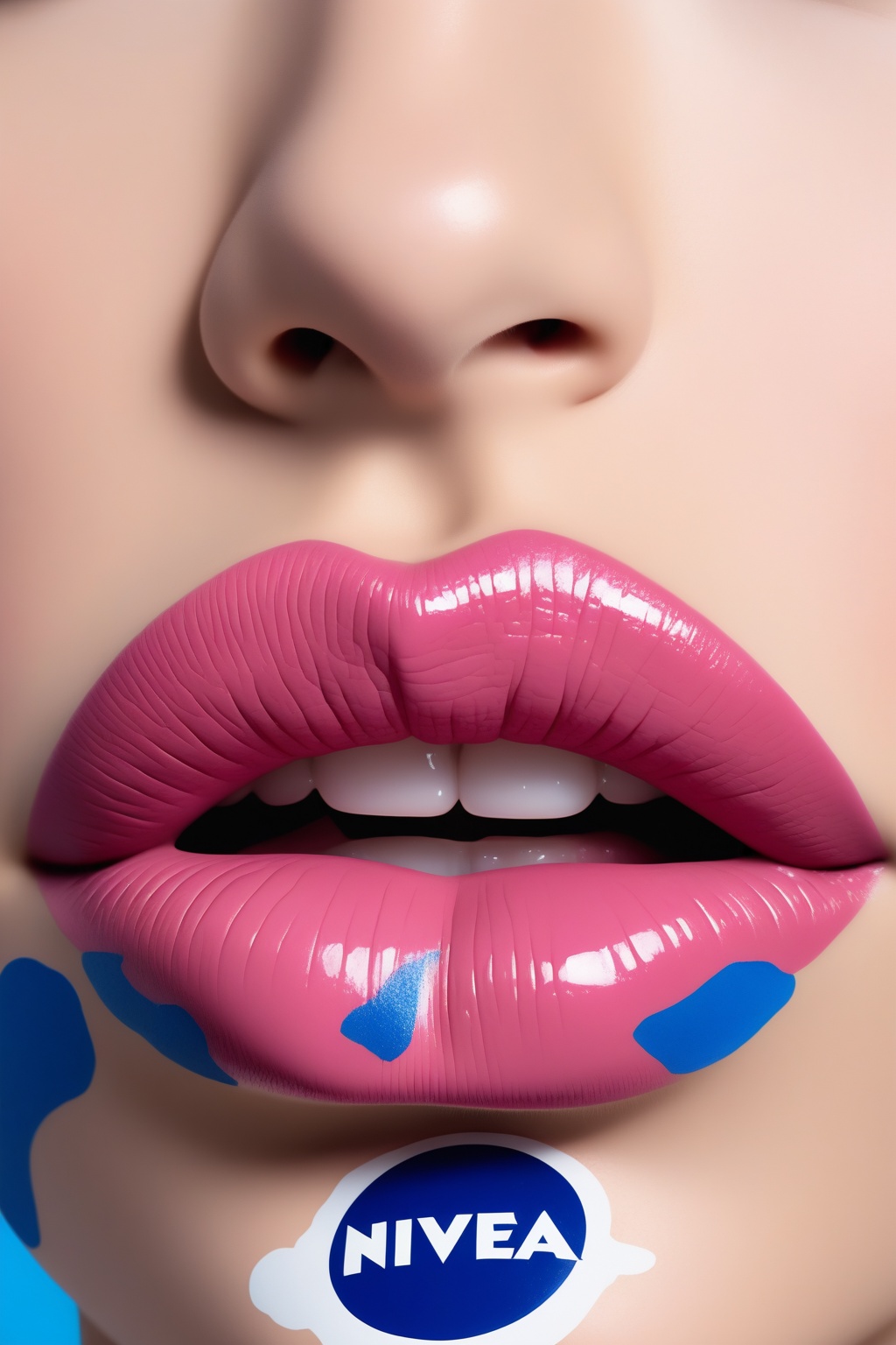 A close-up shot of a woman's lips,  the lips are painted a vibrant shade of blue,  with the word "NIVEA" written in bold w...