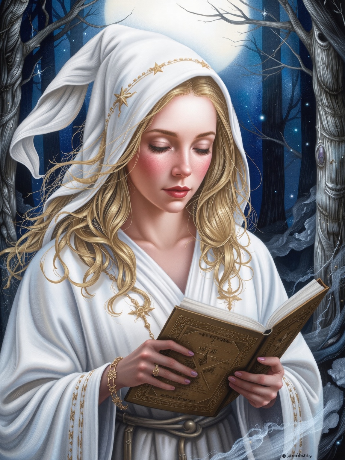 A beautiful witch wearing white robe, reading a grimoire in a starry night, in an enchanting forest, surrounded by mystical atmosphere and magical ambiance, glitters, glowing particles, misty. (masterpiece, top quality, best quality, official art, beautiful and aesthetic:1.2), (1girl:1.4), upper body, blonde hair, portrait, extreme detailed, fantasy art, intricate arcane wiccan designs,adrr-prdnv