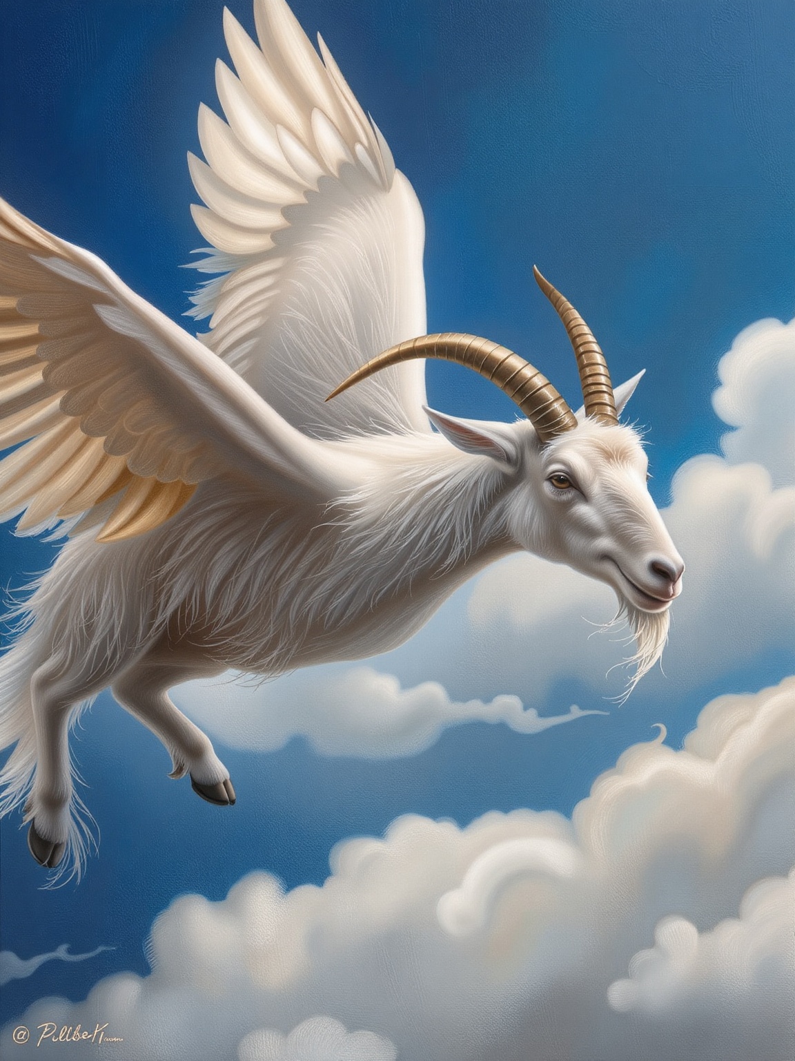 A majestic white goat with shimmering silver horns and a wispy beard soars through a bright blue sky, its powerful legs tucked beneath its sleek body as it glides effortlessly, the sun casting a warm golden light on its fur, against a backdrop of fluffy white clouds.,adrr-prdnv