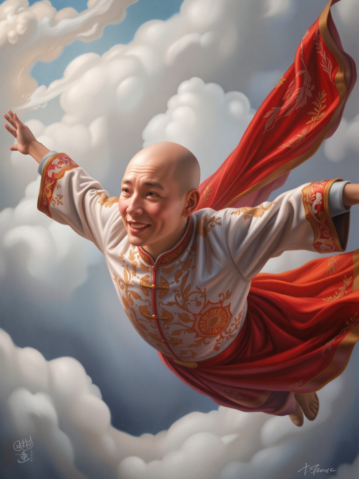 Unleashing the thrill of freedom, a dashing figure in ao dai with intricate custard ornaments, assumes a sultry pose amidst wispy clouds, his bald head glistening under the warmth of soft light as he soars through the sky, his dynamic expression capturing the joy of flying. The macro lens captures every detail of his traditional attire, while the slow shutter speed blurs the surrounding atmosphere, emphasizing the sense of weightlessness. comix.,adrr-prdnv