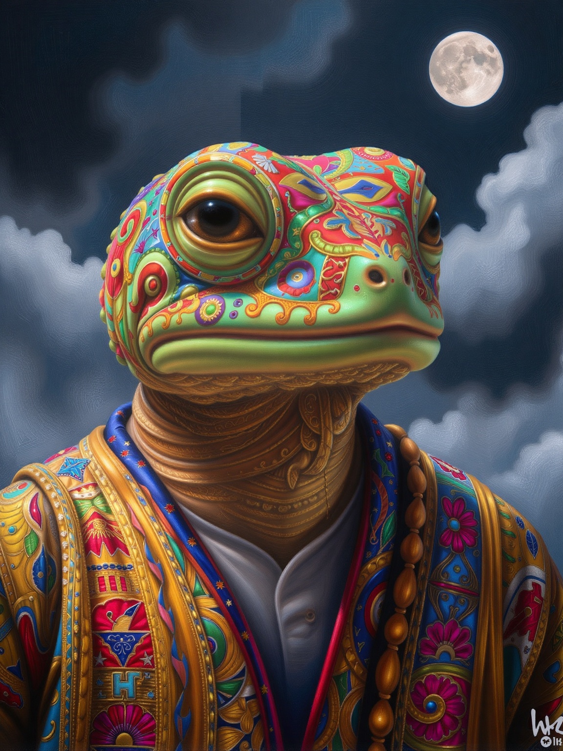 (designed by Mario Bava:1.2) and Les Edwards, concept art, intricate details, Golden ratio, Tiny Nasty (Gecko:1.2), near Bakery, at Overcast, Moonlight, 800mm lens, argazxl, traditional, dress, breathtaking, award-winning, professional, highly detailed, vivid colors, intricate designs, colorful, patterns, intricate, rich colors.,adrr-prdnv