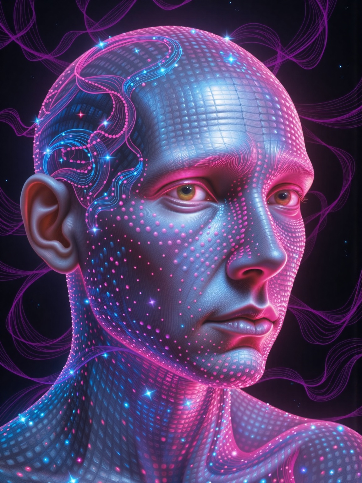 A striking, hyper-realistic close-up portrait of a solar human, where the entire skin—both facial and bodily—is intricately composed of thousands of tiny, luminous neon dots, each rendered with exceptional precision. These dots form a vibrant, mesmerizing mosaic, creating the illusion of glowing, radiant skin. The color palette is dominated by radiant pinks, electric blues, and hints of neon purples, with the dots arranged to emphasize key facial features like the cheekbones, forehead, and jawline. Larger, more concentrated clusters of dots gather at these focal points, amplifying the contours and highlighting the structure of the face. The skin seems to pulse with light, as if alive, reflecting the otherworldly nature of this cosmic being. The background consists of dark, abstract swirling patterns in deep purples, blacks, and dark blues, creating a sense of space and contrast that accentuates the luminous skin. The surreal beauty of the solar human is further enhanced by subtle glowing effects, giving the scene an ethereal, almost heavenly atmosphere. The portrait is rendered in 8K resolution with high-definition clarity, ensuring every dot and light reflection is meticulously captured. The lighting is soft yet dynamic, casting gentle glows that make the vibrant neon dots stand out even more against the darker, atmospheric backdrop, creating a truly otherworldly, cosmic essence. ((aidmaimageupgrader,Perfect hand, aman0ayam1, Mangaka style)).,adrr-prdnv