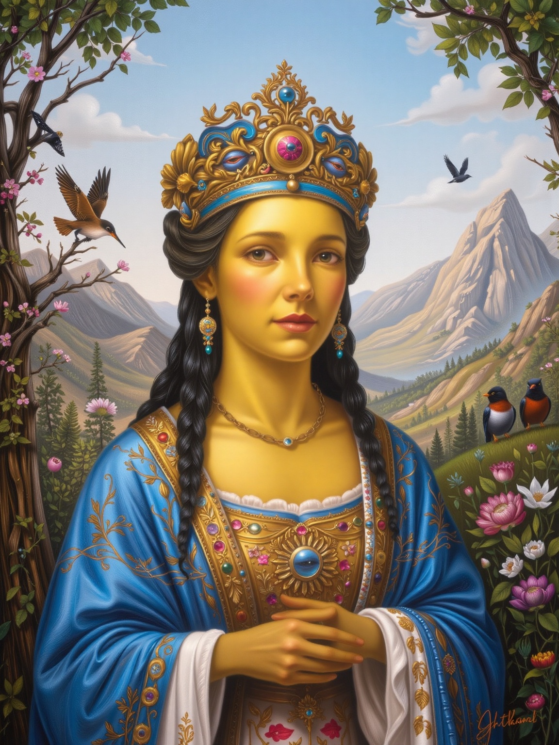 painting of a Simpson woman,wearing a headpiece, highly decorated, intricate detail. Lush landscape, with tree flowering birds and mountains peaks Background, Adrr-prspnt Style.,adrr-prdnv