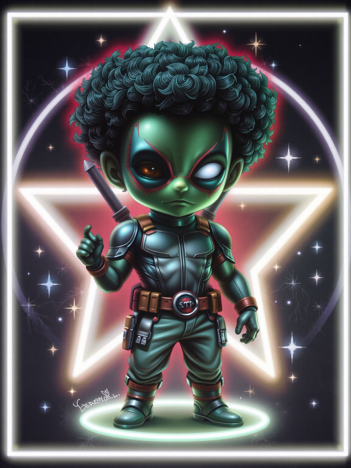 high-resolution, photograph, Gradient hue, Dragonpunk, triadic, Oversaturated, Nostalgic lighting, Chibi lanky British (afro deadpool:1.3) surrounded by Star, he is dressed in Algerian Chinos, has Metal plating, award winning, Mint green and dark white neon hue, , positive emotional, illustrious quality, aesthetic, fabulous colors, luxury,adrr-prdnv