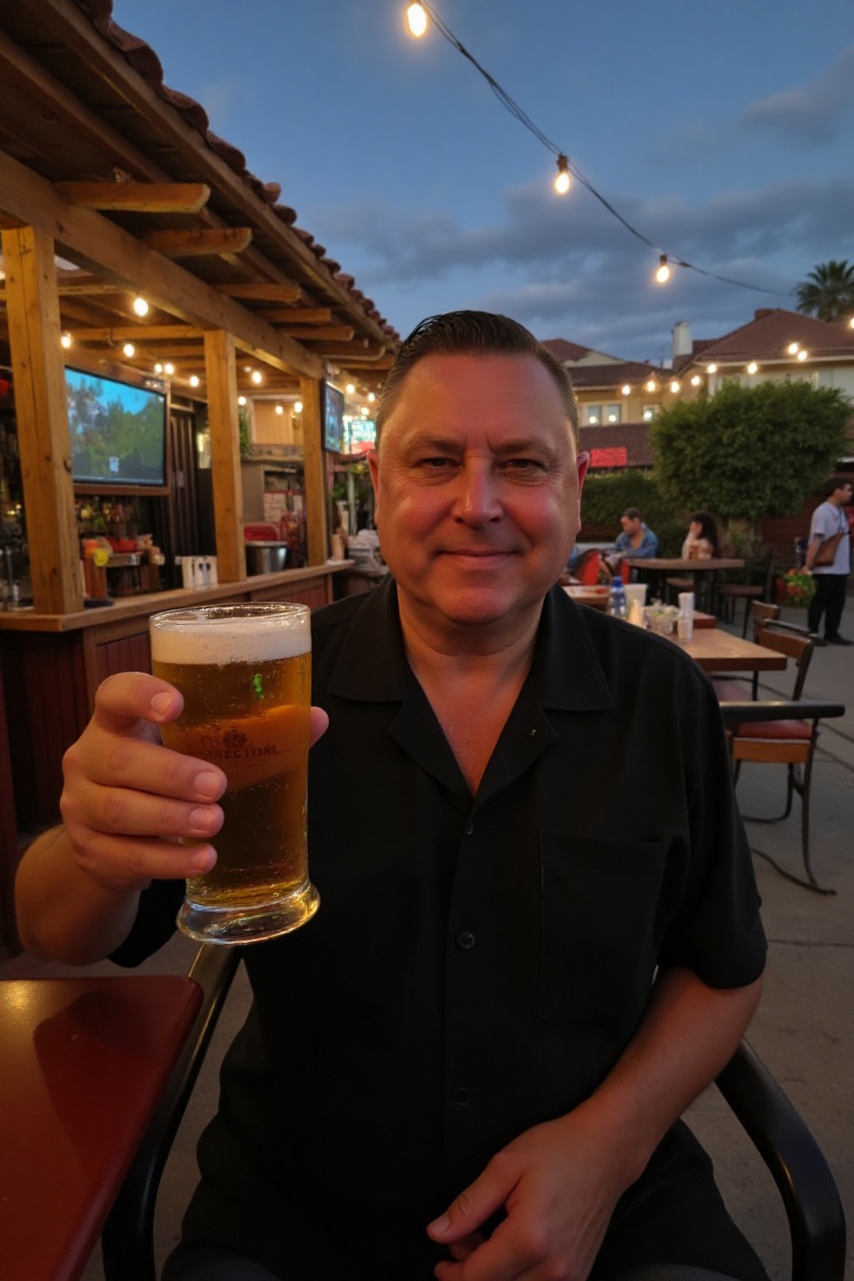 A man sitting at an outdoor bar at dusk,  holding a frosty glass off golden beer in his right hand. on Tensor.Art