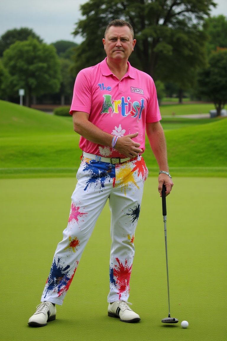 A man standing on the 18th green of a lush golf course,  resting on his putter,  looking at the viewer with a puzzled expr...