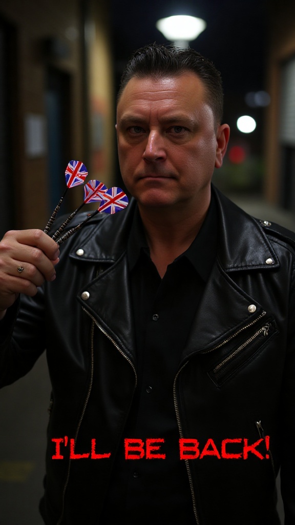 A close-up shot of a man dressed as the Terminator,  standing confidently against a dark urban backdrop. He wears a black...