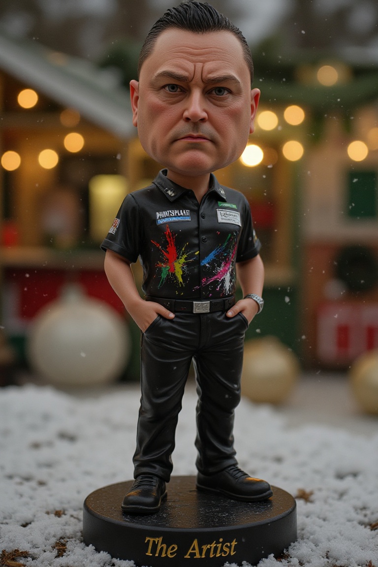This is a high-resolution photograph of a detailed,  miniature bobblehead action figure of Kevin Painter,  standing on a r...