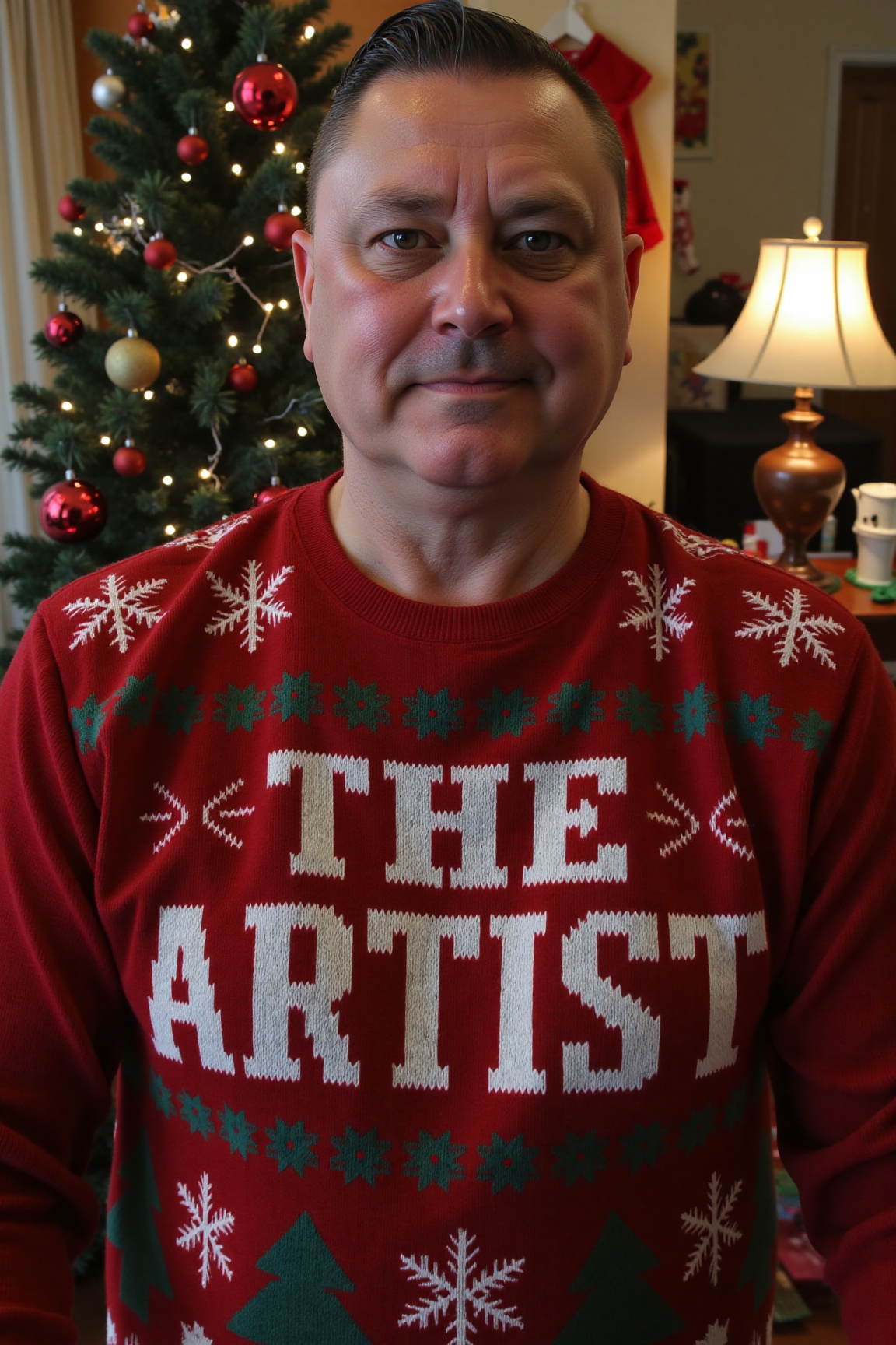 The image is a high-resolution photograph of Kevin Painter,  wearing a Christmas themed sweater with the words "THE ARTIST...