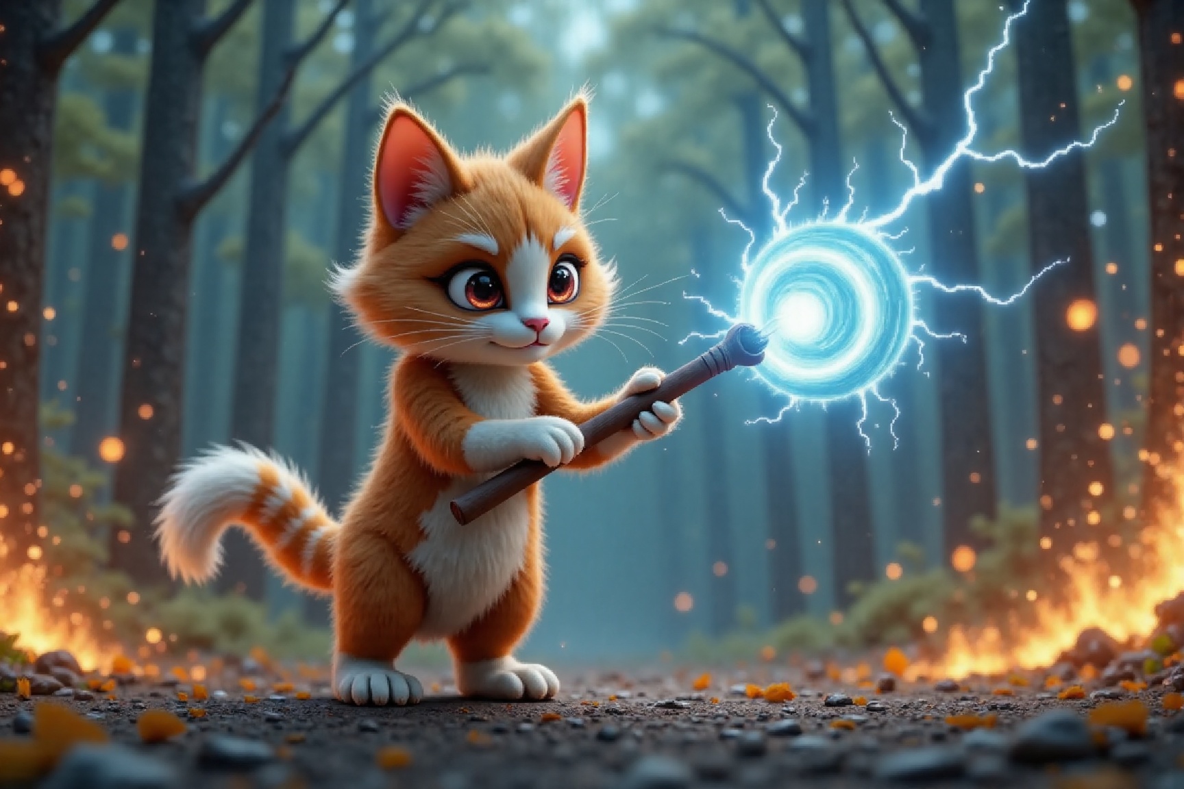 A cute,  nimble cat in Pixar 3D style with sleek orange-and-white fur stands on its hind legs,  wielding a glowing blue ma...