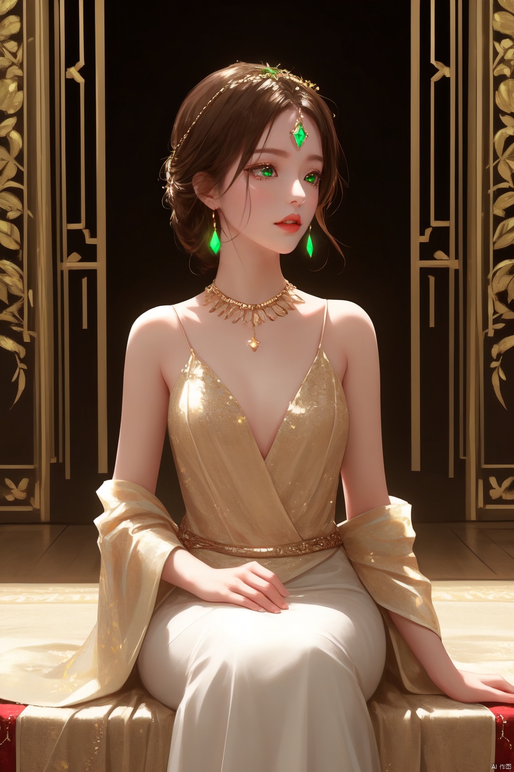 1 girl, A Central Asian princess, she has emerald eyes, brown hair,  white dress,and some gold jewelry inlaid with green gems on her head. She looks sideways into the distance, In the background is a palace, hime cut,sitting sideways, an extremely delicate and beautiful, an extremely delicate and beautiful girl, extremely detailed, beautiful detailed eyes, glowing eyes, bare shoulder, detailed light, shine, hairs between eyes