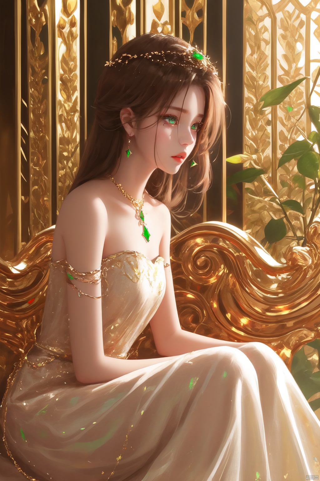 1 girl, A Central Asian princess, she has emerald eyes, brown hair,  white dress,and some gold jewelry inlaid with green gems on her head. She looks sideways into the distance, In the background is a palace, hime cut,sitting sideways, an extremely delicate and beautiful, an extremely delicate and beautiful, an extremely delicate and beautiful girl, extremely detailed, beautiful detailed eyes, bare shoulder, detailed light, shine, hairs between eyes
