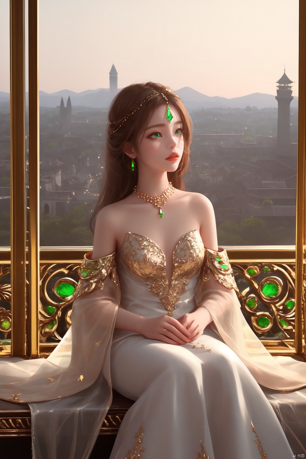 1 girl, A Central Asian princess, she has emerald eyes, brown hair, long hair, white dress,and some gold jewelry inlaid with green gems on her head. She looks sideways into the distance, In the background is a palace, hime cut,sitting sideways, an extremely delicate and beautiful, an extremely delicate and beautiful, an extremely delicate and beautiful girl, extremely detailed, beautiful detailed eyes, bare shoulder, detailed light, shine, hairs between eyes