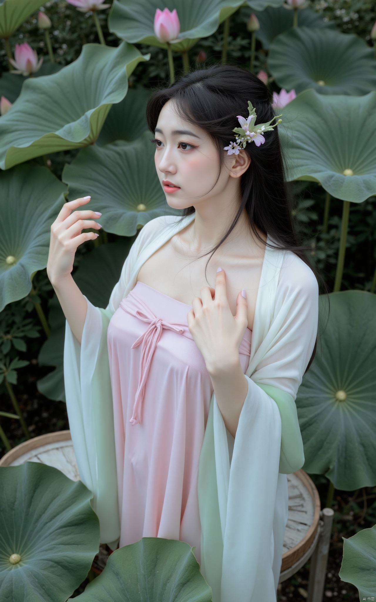 masterpiece,(best quality),official art, (1girl), (solo), ((looking_at_viewer)),(huge breasts:2.69),(full breasts:1.99),Xzhaoliner,(Lotus pond, lotus:1.52),Xsonghanfu,Xqinghanfu,Xbaiyin81,Xyueying,Xxuanyi,Xhanfududou