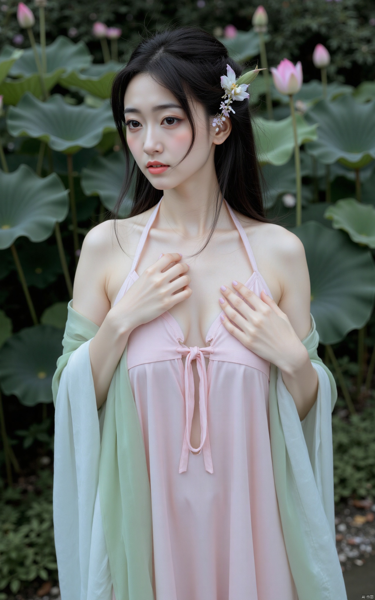 masterpiece,(best quality),official art, (1girl), (solo), ((looking_at_viewer)),(huge breasts:2.69),(full breasts:1.99),Xzhaoliner,(Lotus pond, lotus:1.52),Xsonghanfu,Xqinghanfu,Xbaiyin81,Xyueying,Xxuanyi,Xhanfududou