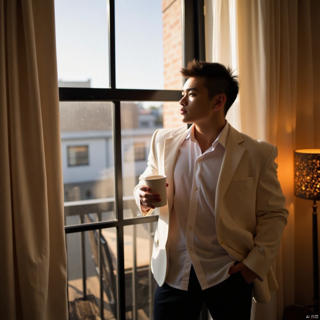 A young male, sporting a sharp jawline and short black hair, stands confidently in front of a window, his white shirt and black pants a stylish combination. He's wrapped his jacket around his shoulders, giving off a relaxed vibe. In one hand, he holds a cup, the morning coffee aroma wafting up to greet him. The warm glow of a nearby lamp casts a cozy ambiance, highlighting the solo figure as he takes in the view.