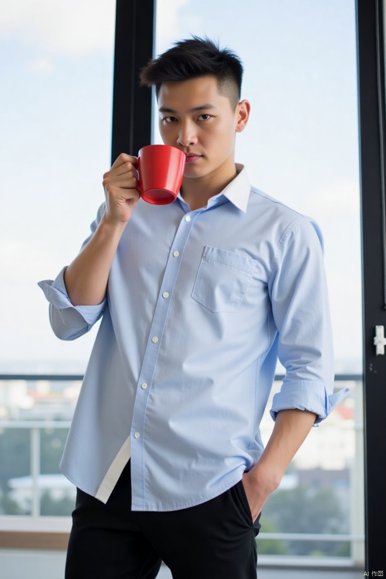  a man holding a red coffee mug in his right hand. He is wearing a light blue button down shirt with a white collar and black pants. His hair is short and dark brown. His eyes are dark and he has a serious expression on his face. His left hand is resting on his hip. His right hand is holding the coffee mug with his left hand. The coffee mug is a reddish brown color. Behind the man is a window with a view of the sky.