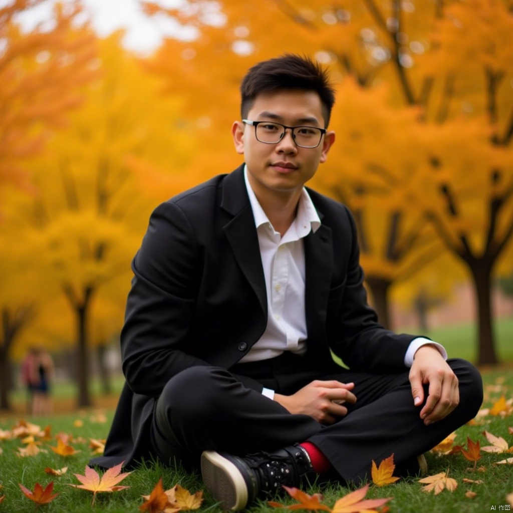 A young man, solo and introspective, gazes directly at the viewer with a calm expression. He sits cross-legged on a grassy hill, surrounded by a canvas of vibrant autumn leaves. His short hair is neatly trimmed, and his bangs fall across his forehead. A black jacket adorns his upper body, paired with white collared shirt and black pants that are slightly rumpled. His eyes are framed by glasses perched on the end of his nose. His knee is bent, and one leg is tucked under him, as if he's sitting in contemplation. The atmosphere is tranquil, with warm sunlight casting a gentle glow on the scene.