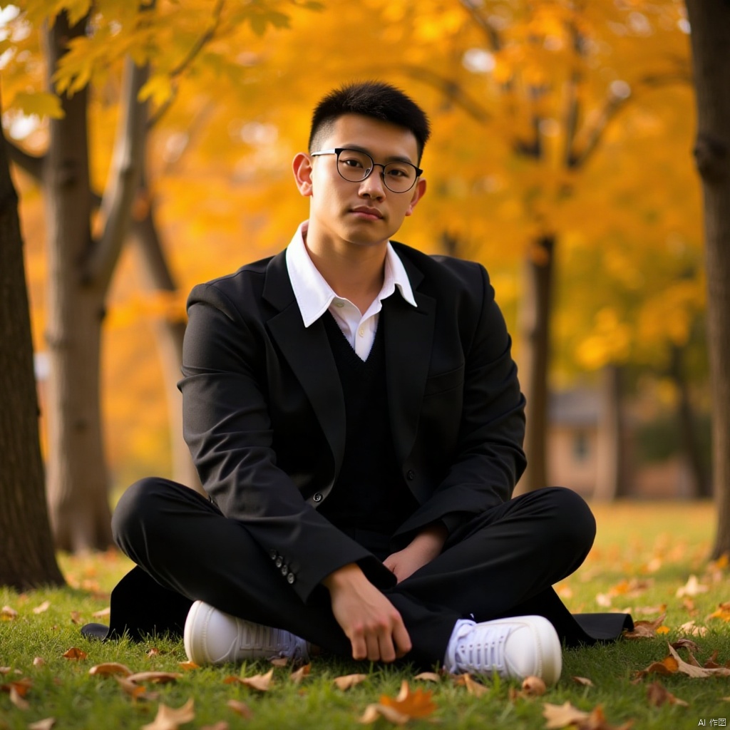 A young man, solo and introspective, gazes directly at the viewer with a calm expression. He sits cross-legged on a grassy hill, surrounded by a canvas of vibrant autumn leaves. His short hair is neatly trimmed, and his bangs fall across his forehead. A black jacket adorns his upper body, paired with white collared shirt and black pants that are slightly rumpled. His eyes are framed by glasses perched on the end of his nose. His knee is bent, and one leg is tucked under him, as if he's sitting in contemplation. The atmosphere is tranquil, with warm sunlight casting a gentle glow on the scene.