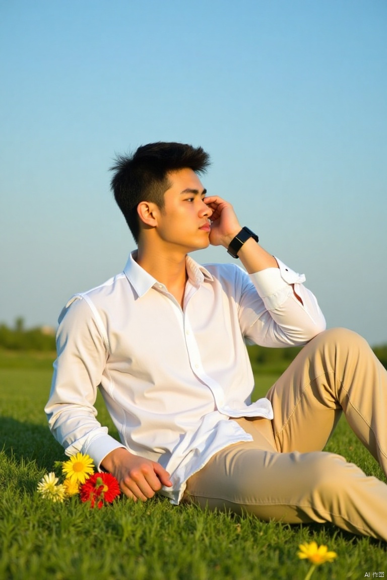 Haonan,A serene landscape: A youthful figure reclines upon a vibrantly green grassy terrain, clad in a pristine white shirt and leadership-inspired ensemble, complemented by rugged cowboy pants. Warm sunlight casts a gentle glow, illuminating a colorful bouquet of fresh flowers nearby. The subject's hand rests nonchalantly on his wristwatch as he contemplates the clear blue sky above.