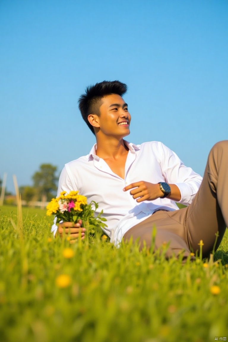 Haonan,A serene landscape: A youthful figure reclines upon a vibrantly green grassy terrain, clad in a pristine white shirt and leadership-inspired ensemble, complemented by rugged cowboy pants. Warm sunlight casts a gentle glow, illuminating a colorful bouquet of fresh flowers nearby. The subject's hand rests nonchalantly on his wristwatch as he contemplates the clear blue sky above.