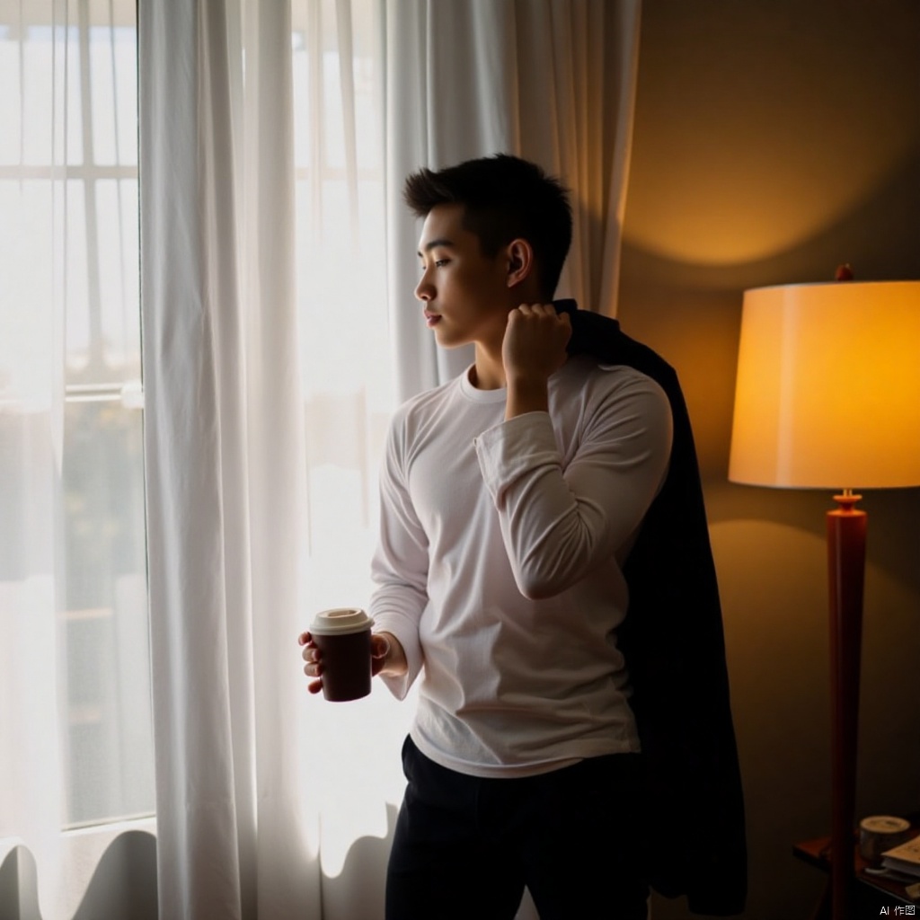 A young male, sporting a sharp jawline and short black hair, stands confidently in front of a window, his white shirt and black pants a stylish combination. He's wrapped his jacket around his shoulders, giving off a relaxed vibe. In one hand, he holds a cup, the morning coffee aroma wafting up to greet him. The warm glow of a nearby lamp casts a cozy ambiance, highlighting the solo figure as he takes in the view.