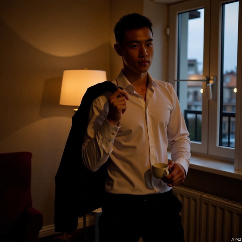 A young man with a strong jawline and short, dark hair stands confidently in front of a warm-lit room, his bright white shirt contrasting with the darkness. He's dressed in black pants and a fitted jacket worn casually over one shoulder, holding a steaming cup of coffee in front of a window with a cityscape view outside. The soft glow from a nearby lamp highlights the creases on his shirt as he stands tall, exuding an air of quiet focus.