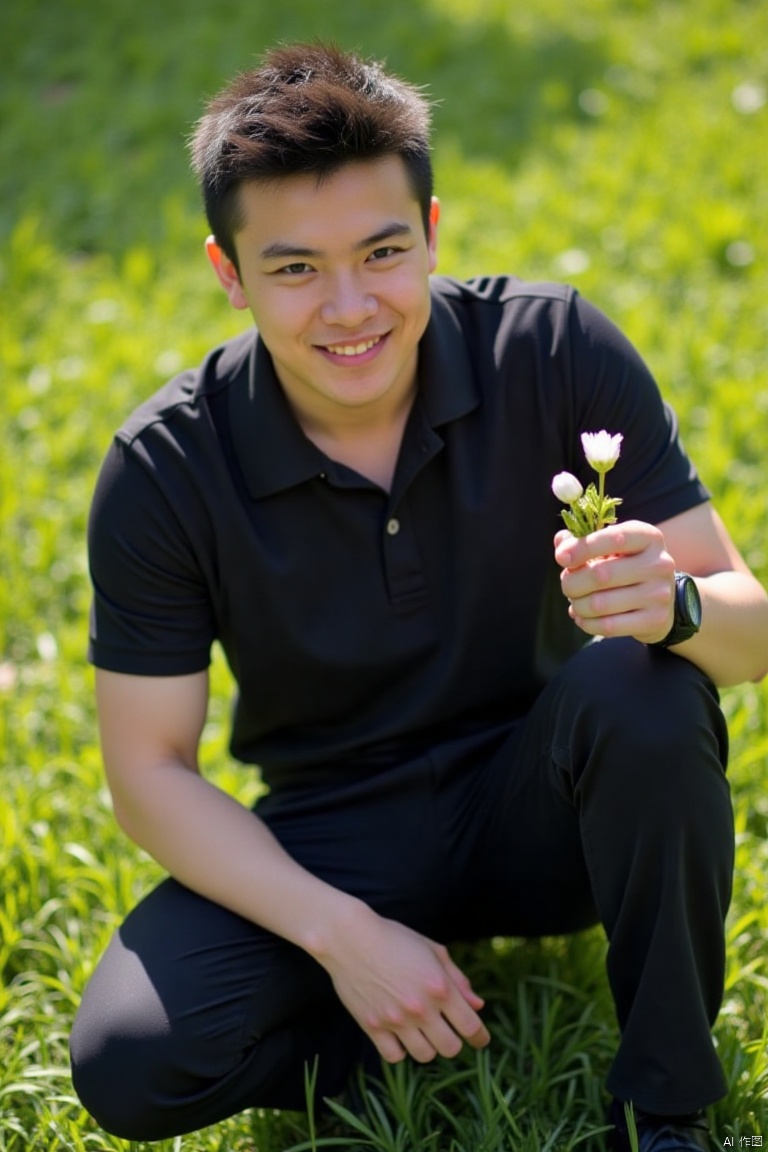 A young man with short, black hair and bangs sits solo, looking directly at the viewer with a subtle smile. His bright blue eyes sparkle in the sunlight filtering through the green grass, where he's sitting comfortably with his knees slightly bent. He wears a collared black shirt, black pants, and black footwear, complete with a watch on his wrist. In his hand, he cradles a single white flower, its delicate petals closed as if in contemplation.