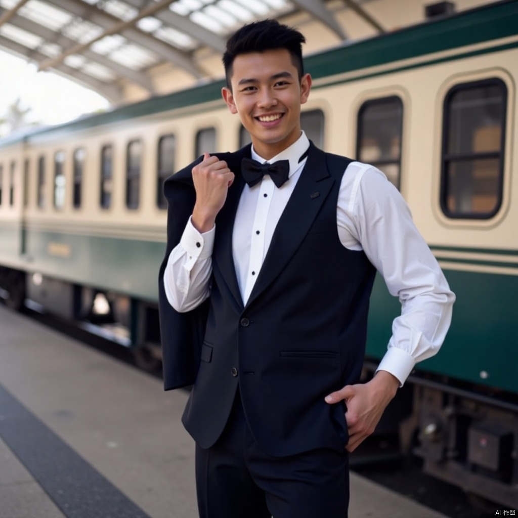 A stylish solo figure stands confidently, looking directly at the viewer with a subtle smile. Wearing a crisp white shirt under a formal black suit, complete with a bow tie and vest, he sports jet-black hair slicked back. His long sleeves are rolled up to his elbows, adding a touch of informality to his otherwise polished attire. A black necktie adds a pop of contrast against the white shirt. He stands in front of a train at a station, holding his black jacket in one hand and his hat in the other, as if waiting for his ride.