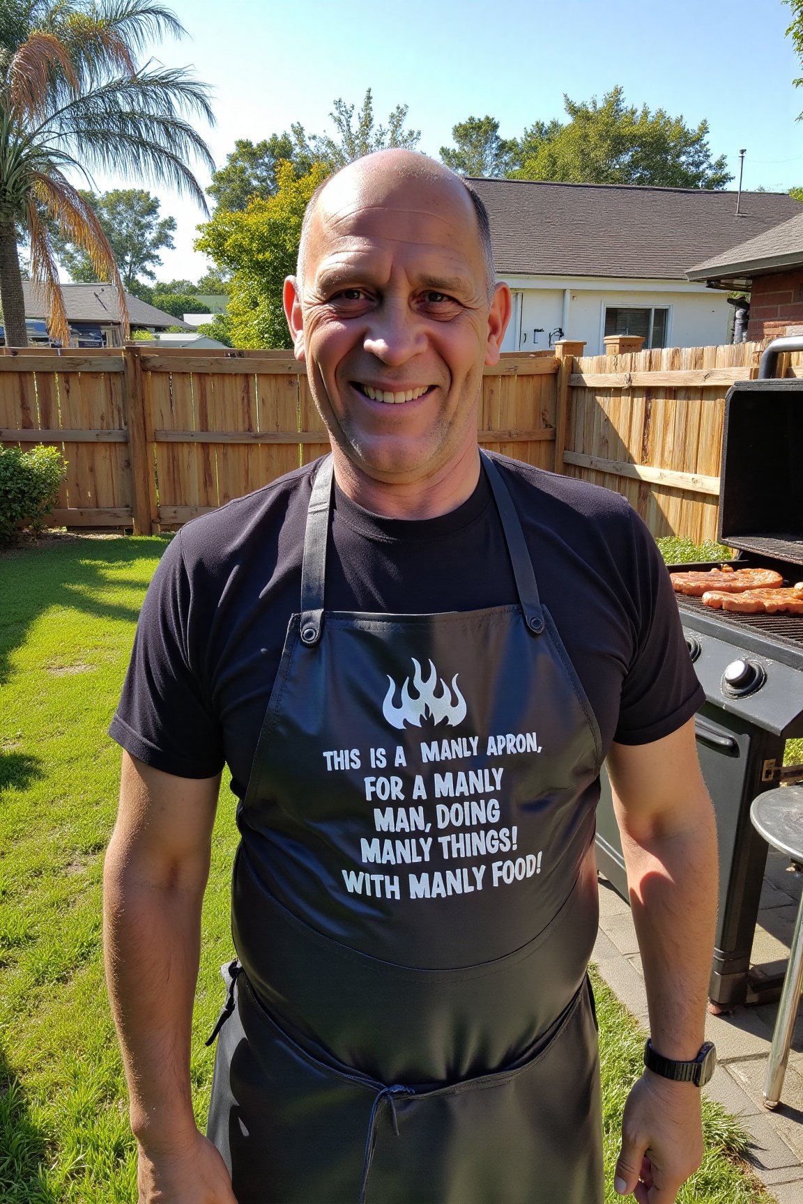 The image is a high-resolution photograph of Russ Bray,  a man standing outdoors in a backyard setting. The man is smiling...