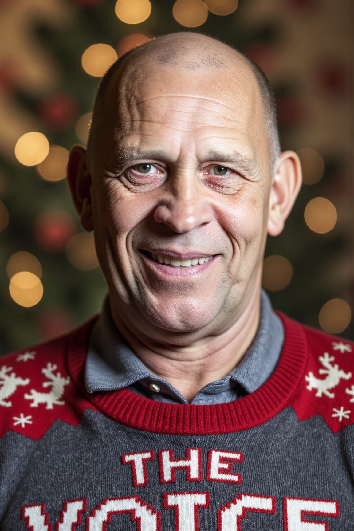 The image is a high-resolution photograph of Russ Bray smiling,  wearing a Christmas themed sweater with the words "THE VO...