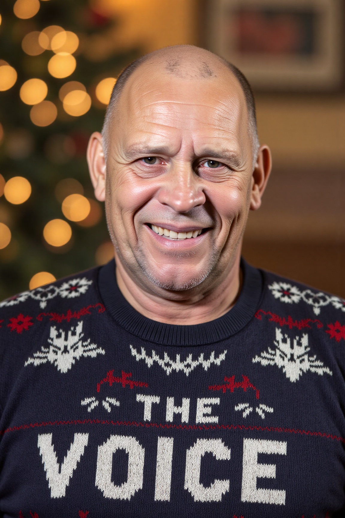 The image is a high-resolution photograph of Russ Bray smiling,  wearing a Christmas themed sweater with the words "THE VO...