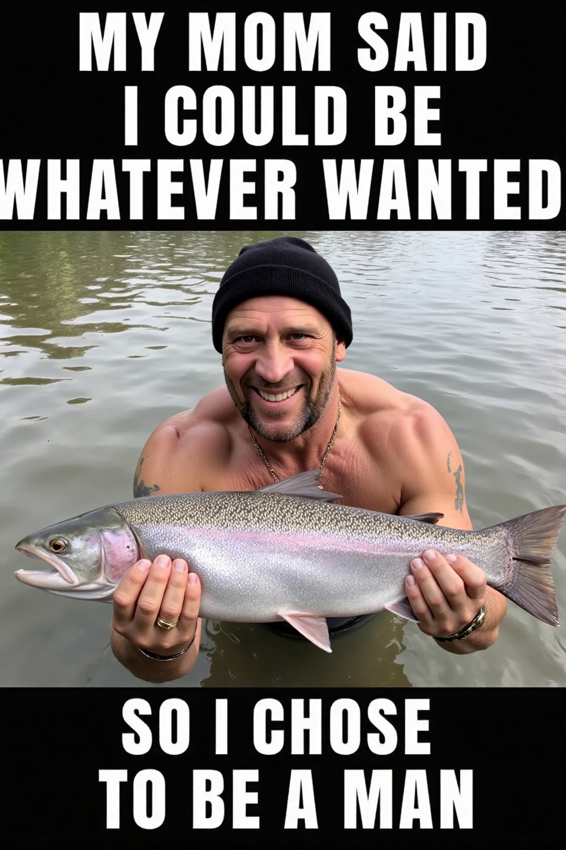 The image is a high-resolution photograph of Russ Bray,  a muscular man with a full,  reddish-brown beard and a black bean...