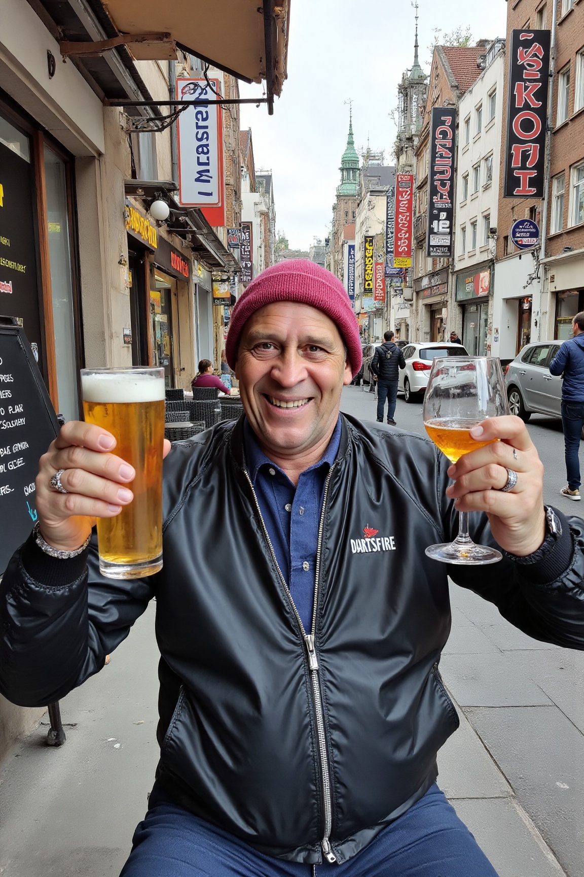 The image is a high-resolution photograph of Russ Bray,  sitting outdoors at a sidewalk cafe. He is smiling broadly,  with...