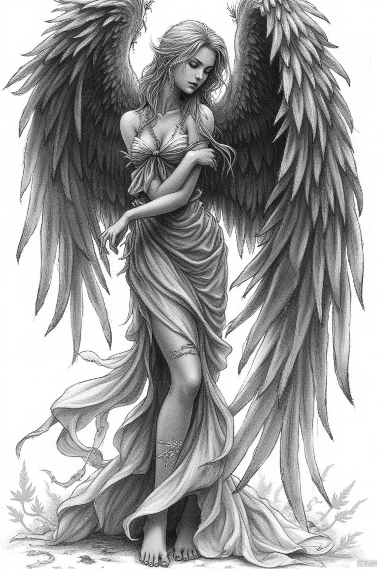 shouhui,Hand drawn, line drawing
Full-length grayscale depiction of a female angel.  Elegant, flowing gown with intricate detailing.  Subtle, expressive pose, with a melancholic, serene expression.  Large, detailed angel wings, rendered with textured feather details extending outwards, are painted with dark ink splatters.  The overall composition employs a dramatic, almost painterly style, with expressive brushstrokes.  Subject's posture, and the way angel wings seem to float, suggests a graceful movement.  The background is a plain white, almost featureless, emphasizing the figure's presence.  The contrast of  gray tones and the black splatters creates a delicate balance. The style can best be described as fantasy art, with a subtle melancholic underlying mood.  The lighting is soft and diffused, highlighting the subject without harsh shadows.  Detailed rendering of fabric folds and delicate, airy textures.  Bare feet are accentuated with graceful, natural details.





