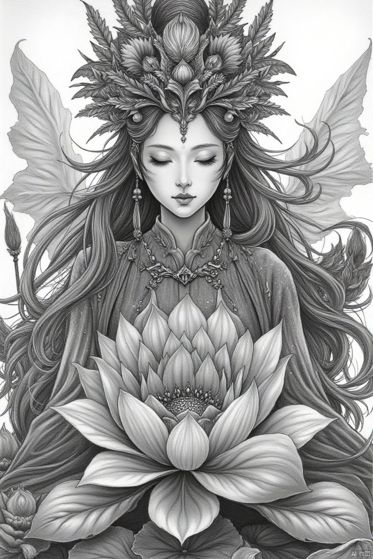 shouhui,Hand drawn, line drawing
Detailed grayscale pencil sketch of a serene, mythical woman.  Ornate, intricate headpiece with floral and decorative motifs adorns her.  She appears to be meditating or in deep contemplation, with closed eyes and a calm expression.  Intricate details in her hair cascade around her, creating a dynamic and voluminous effect.  A younger woman sits nestled within the woman's hair, within a large lotus flower.  The lotus flower is rendered with meticulous lines delineating petals, water droplets, and subtle shading.  The surrounding environment evokes a sense of grace and tranquility.  Atmospheric perspective creates depth and dimension.  Detailed designs on clothing and accessories contribute to a refined style,  suggesting a traditional Asian or fantasy aesthetic.  Fine lines and subtle shading techniques create a realistic texture.  The image’s composition is a layered portrait focusing on a complex storyline expressed through delicate line work.  Classical drawing style combined with surreal fantasy elements.  The focus on intricate details in dress and adornments, and the serene facial expression, combined with the intricate lotus flower, suggest a mystical interpretation.
