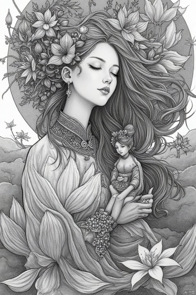shouhui,Hand drawn, line drawing
Detailed grayscale pencil sketch of a serene, mythical woman.  Ornate, intricate headpiece with floral and decorative motifs adorns her.  She appears to be meditating or in deep contemplation, with closed eyes and a calm expression.  Intricate details in her hair cascade around her, creating a dynamic and voluminous effect.  A younger woman sits nestled within the woman's hair, within a large lotus flower.  The lotus flower is rendered with meticulous lines delineating petals, water droplets, and subtle shading.  The surrounding environment evokes a sense of grace and tranquility.  Atmospheric perspective creates depth and dimension.  Detailed designs on clothing and accessories contribute to a refined style,  suggesting a traditional Asian or fantasy aesthetic.  Fine lines and subtle shading techniques create a realistic texture.  The image’s composition is a layered portrait focusing on a complex storyline expressed through delicate line work.  Classical drawing style combined with surreal fantasy elements.  The focus on intricate details in dress and adornments, and the serene facial expression, combined with the intricate lotus flower, suggest a mystical interpretation.
