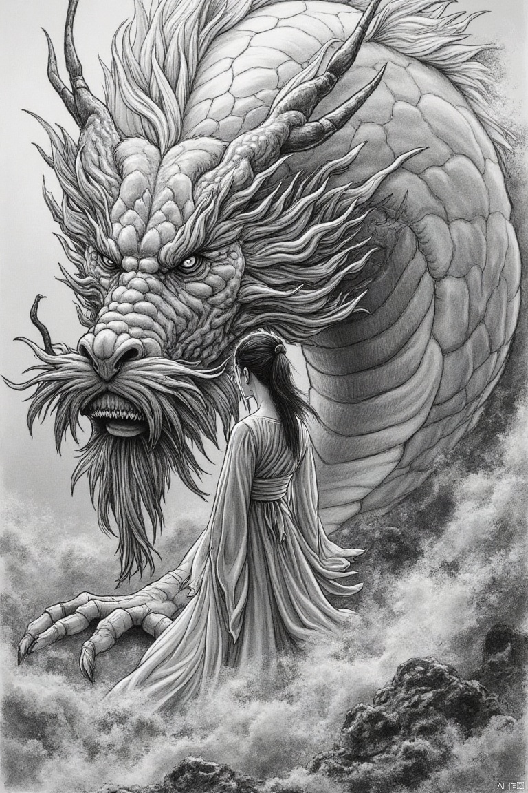 shouhui,Hand drawn, line drawing
Intricate grayscale drawing of a majestic dragon and a woman in flowing robes.  Powerful, detailed dragon head and neck, with textured scales and intricate details in the mane, occupies the left and central foreground.  A woman, adorned in robes that appear to be flowing, stands before and slightly behind the dragon head, her dark hair flowing with a sense of mystic energy.  Perspective is three-quarter view, looking up and slightly towards the woman.  The composition emphasizes the grandeur and power of the dragon, contrasted with the ethereal elegance of the woman.  Fine shading techniques create depth and texture generating a very realistic, delicate tone.  A style reminiscent of intricate Asian dragon imagery is used, with meticulous attention to form and detail indicative of an artistic pencil drawing with a delicate pencil stroke.








