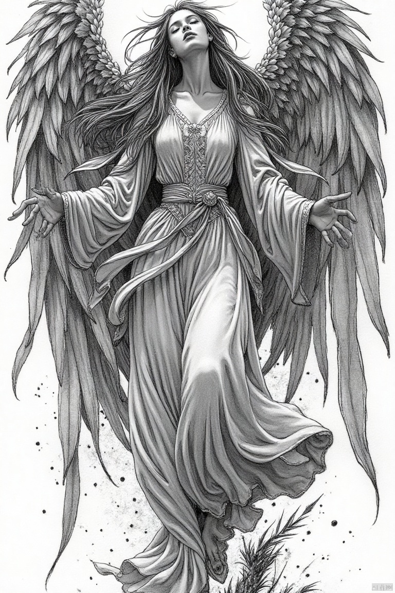 shouhui,Hand drawn, line drawing
A grayscale portrayal of a majestic angel.  The angel, with flowing dark-grey hair and serene expression, is depicted in mid-flight with large, detailed wings.  Her pose is dynamic, arms outstretched, as if in the midst of a grand ascent or descent.  The angel's dress, a light grey flowing robe with intricate, delicate patterns, billows around her form, emphasizing a sense of movement and ethereal grace.  The lighting is soft, casting subtle shadows that accentuate the curves of the figure and the drapery of the garment.  Fine details are evident, showcasing the texture and volume of the angel's wings, dress and the flowing fabric.  The background is a stark white, punctuated by scattered, stylized black splatters evoking a sense of dynamic energy. The style is akin to meticulous pen-and-ink drawings, crafted for a powerful and artistic rendering.  The intricate shading, emphasizing volume and form, suggests a highly detailed pencil sketch.  The angel's gaze is directed slightly off to the side, conveying a sense of introspection and serenity. The composition is centered, showcasing the angel in its entirety.  This grayscale angel is a dramatic illustration, a testament to meticulous detail work, evoking a classical-gothic style.





