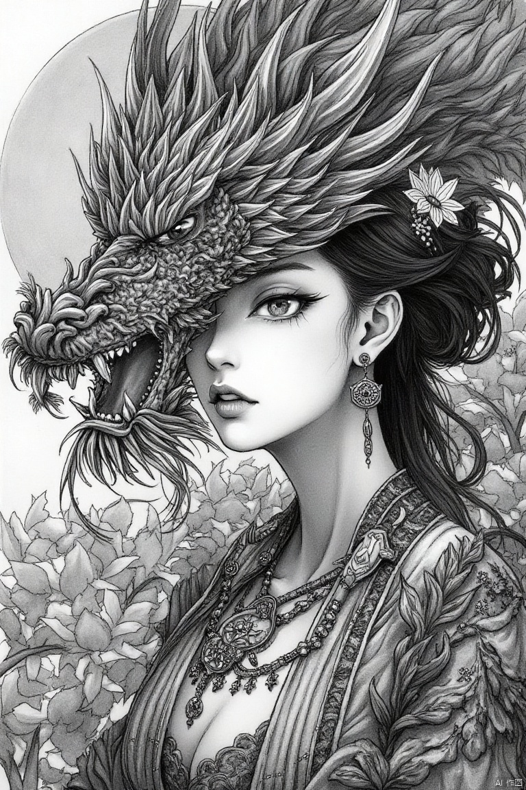 shouhui,Hand drawn, line drawing
Intricate grayscale portrait of a woman, whose face is partially obscured by a dragon's head.  Detailed, intricate linework creates a mystical, ethereal atmosphere.  The dragon head, with sharp, stylized scales and horns, frames the woman's face, emphasizing the intricate details.  Her expression is serene, yet the imagery suggests an air of mystery.  The composition features ornate, floral, and plant-like embellishments that intertwine with the character.  Detailed jewelry and decorative elements adorn the woman's attire, conveying a sense of opulence and tradition.  A lotus flower design is prominent.  The style leans towards Asian art, showcasing a blend of Japanese and Chinese aesthetics. The lighting creates a subtle contrast that highlights textures and forms.  The dark tones create a profound and somber mood.  Intricate line work and shading give depth and dimension to the piece.  The overall style is reminiscent of  ink and brush painting traditions from Asia, with an intricate and detailed interpretation.







