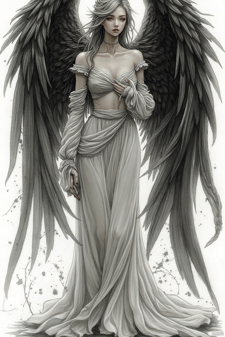 shouhui,Hand drawn, line drawing
A majestic female figure, a dark-winged angel, stands poised in a flowing, ethereal white gown.  Her expression is serene and regal, with a hint of mystery.  Large, detailed black angel wings, depicted with a textured, almost painterly quality, extend outwards, framing her figure.  The dress, composed of soft, flowing fabric, drapes elegantly, with subtle details of a light grey/silver stitching or embroidery.  The colors are muted, with a focus on soft whites, grays, and blacks.  The lighting is diffused, casting soft shadows, creating a sense of depth and dimension.  A light, almost watercolor-like effect is used throughout, including speckles and splatters of black/grey inks or paint around her figure, suggesting a dramatic, almost ethereal atmosphere.  The background is a stark, white, emphasized by the use of light. The overall style suggests a blend of digital painting with traditional art techniques.  The perspective is centered on the figure, giving an air of serenity and power.  The portrayal exudes a sense of spiritual presence and grace.  A sense of solemnity, yet quiet power, is evident.  The artist's technique is evident in the meticulous detailing of the wings, flowing robes, and delicate expression of the angel.







