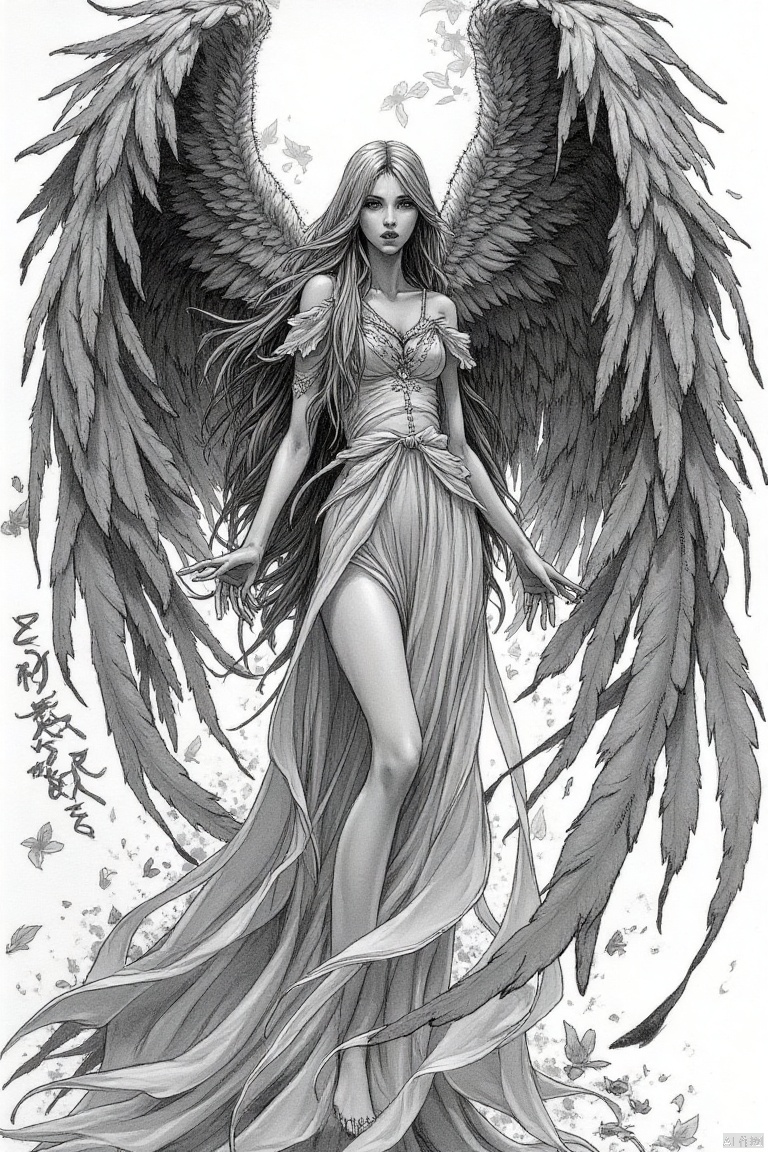 shouhui,Hand drawn, line drawing
A graceful, ethereal winged woman in mid-flight, depicted in a grayscale style with dramatic black ink-like splashes and streaks.  Large, detailed wings, filled with intricate feather details, extend outward, and the woman is poised in a dynamic, upward-angled posture, with flowing hair and a flowing, white gown.  The subject's expression is serene, almost meditative, with a hint of intensity.  The composition is centered on the figure, with a white background emphasizing the dramatic contrasts in textures and black splashes. Soft, diffused lighting creates subtle highlights on the figure, contrasting with the deep blacks.  The wings and hair have a textured, almost painterly, quality, with subtle variations in shading.  The overall mood is mysterious and powerful, evoking a sense of wonder and an otherworldly grandeur.  Ink-splatter artistic style, with careful detail to the wings, form and pose of the character.  The perspective is a full view, framing the subject from head to toe with the wings fully displayed.  The use of grayscale emphasizes the artistic elements and mood.  The figure is rendered with a stylized digital illustration quality.



