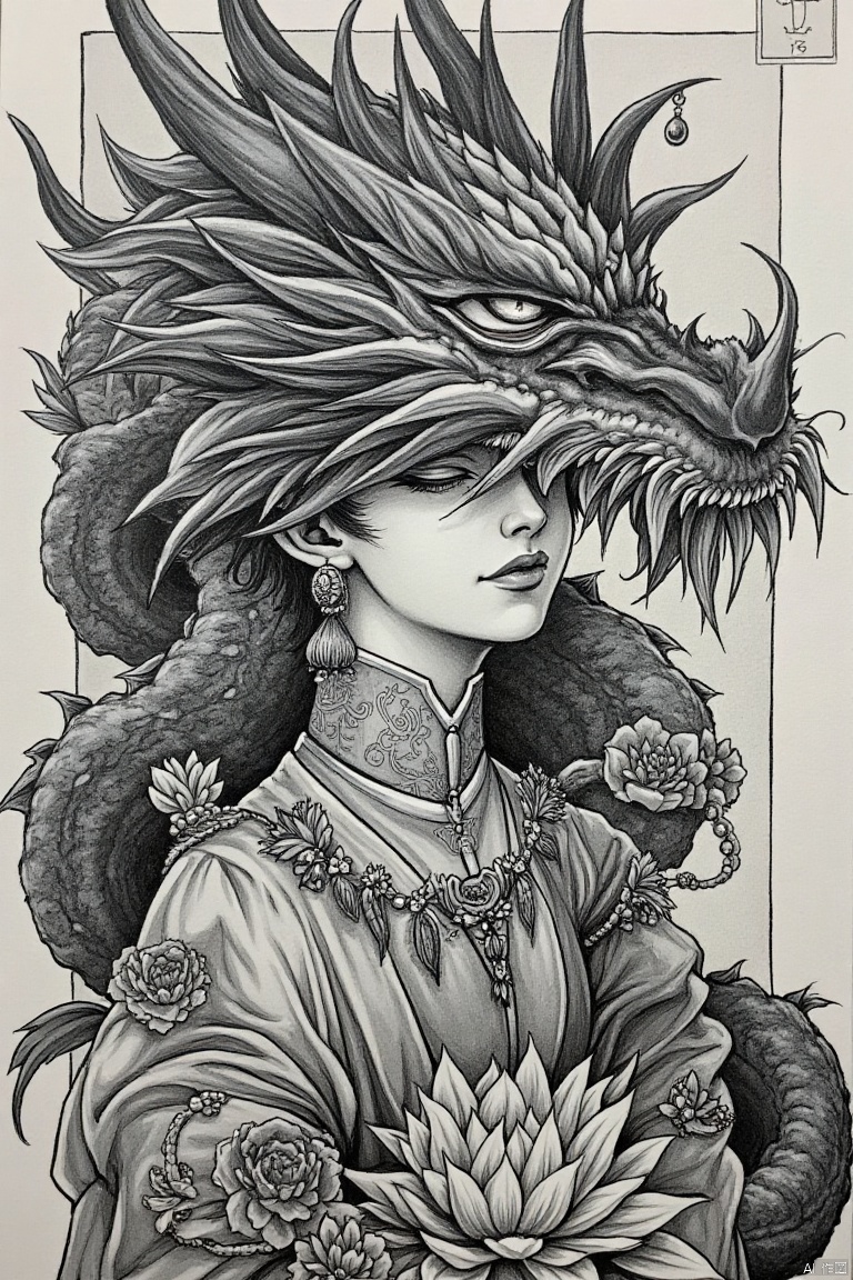 shouhui,Hand drawn, line drawing
Intricate grayscale portrait of a woman, whose face is partially obscured by a dragon's head.  Detailed, intricate linework creates a mystical, ethereal atmosphere.  The dragon head, with sharp, stylized scales and horns, frames the woman's face, emphasizing the intricate details.  Her expression is serene, yet the imagery suggests an air of mystery.  The composition features ornate, floral, and plant-like embellishments that intertwine with the character.  Detailed jewelry and decorative elements adorn the woman's attire, conveying a sense of opulence and tradition.  A lotus flower design is prominent.  The style leans towards Asian art, showcasing a blend of Japanese and Chinese aesthetics. The lighting creates a subtle contrast that highlights textures and forms.  The dark tones create a profound and somber mood.  Intricate line work and shading give depth and dimension to the piece.  The overall style is reminiscent of  ink and brush painting traditions from Asia, with an intricate and detailed interpretation.







