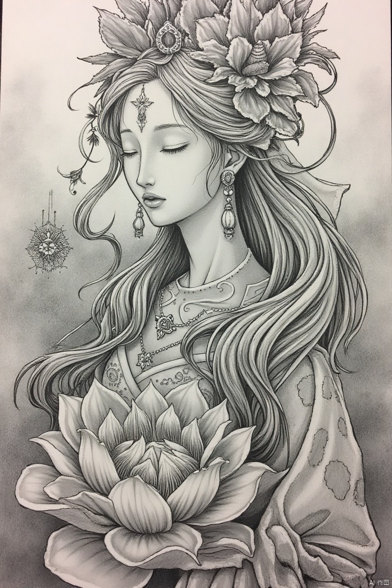 shouhui,Hand drawn, line drawing
Detailed grayscale pencil sketch of a serene, mythical woman.  Ornate, intricate headpiece with floral and decorative motifs adorns her.  She appears to be meditating or in deep contemplation, with closed eyes and a calm expression.  Intricate details in her hair cascade around her, creating a dynamic and voluminous effect.  A younger woman sits nestled within the woman's hair, within a large lotus flower.  The lotus flower is rendered with meticulous lines delineating petals, water droplets, and subtle shading.  The surrounding environment evokes a sense of grace and tranquility.  Atmospheric perspective creates depth and dimension.  Detailed designs on clothing and accessories contribute to a refined style,  suggesting a traditional Asian or fantasy aesthetic.  Fine lines and subtle shading techniques create a realistic texture.  The image’s composition is a layered portrait focusing on a complex storyline expressed through delicate line work.  Classical drawing style combined with surreal fantasy elements.  The focus on intricate details in dress and adornments, and the serene facial expression, combined with the intricate lotus flower, suggest a mystical interpretation.
