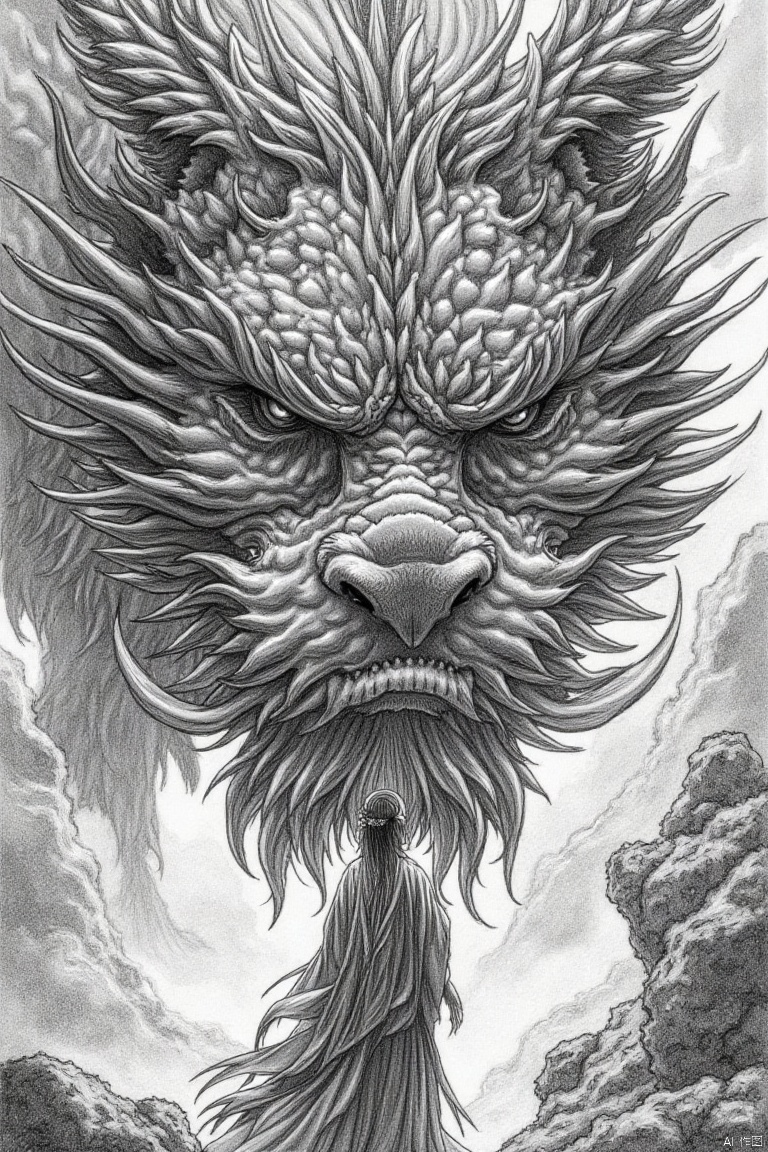shouhui,Hand drawn, line drawing
Intricate grayscale drawing of a majestic dragon and a woman in flowing robes.  Powerful, detailed dragon head and neck, with textured scales and intricate details in the mane, occupies the left and central foreground.  A woman, adorned in robes that appear to be flowing, stands before and slightly behind the dragon head, her dark hair flowing with a sense of mystic energy.  Perspective is three-quarter view, looking up and slightly towards the woman.  The composition emphasizes the grandeur and power of the dragon, contrasted with the ethereal elegance of the woman.  Fine shading techniques create depth and texture generating a very realistic, delicate tone.  A style reminiscent of intricate Asian dragon imagery is used, with meticulous attention to form and detail indicative of an artistic pencil drawing with a delicate pencil stroke.








