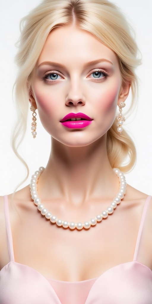 A digital art painting of a blonde woman with blue eyes. She is wearing a pearl necklace and earrings. Her hair is pulled...
