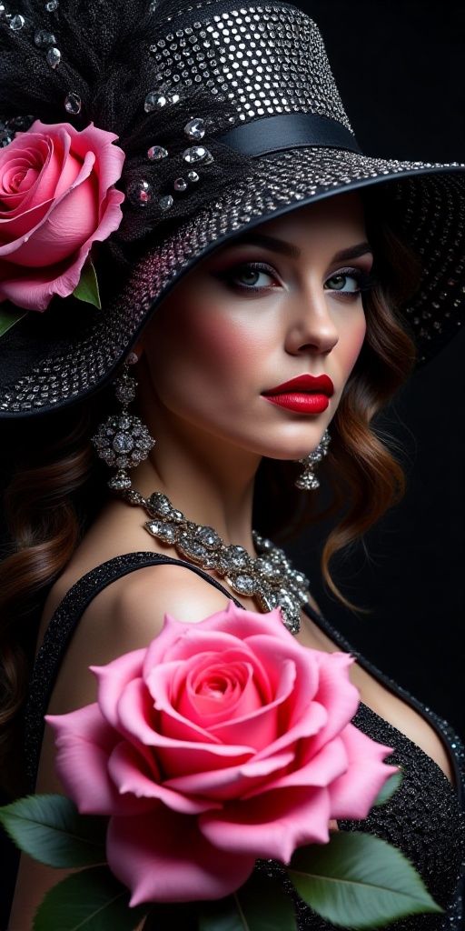 A digital art piece that features a woman's face and upper body. The woman is wearing a large,  wide-brimmed hat with a wi...